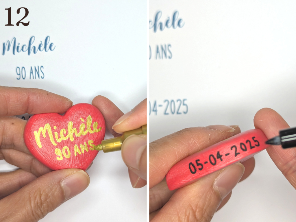 Photos montrant la décoration des magnets en argile autodurcissante à l'aide de feutres Posca