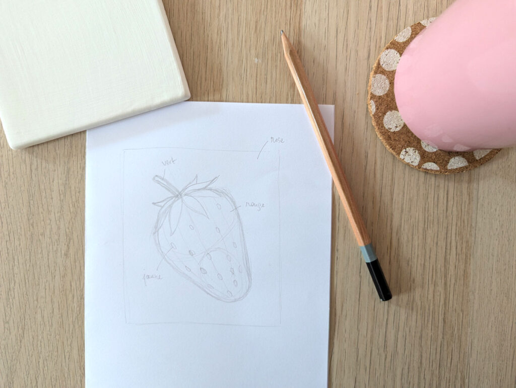 Photo montrant un brouillon fait sur une feuille de papier pour illustrer des conseils de peinture sur céramique