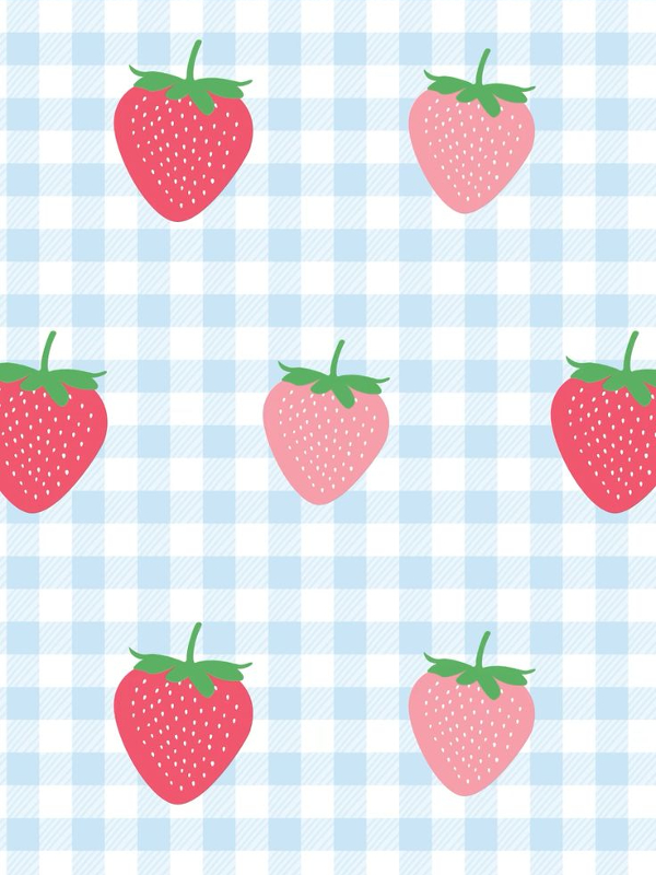 Exemple de fond pour peindre des fraises sur céramique: des carreaux bleus rappelant une nappe à carreaux